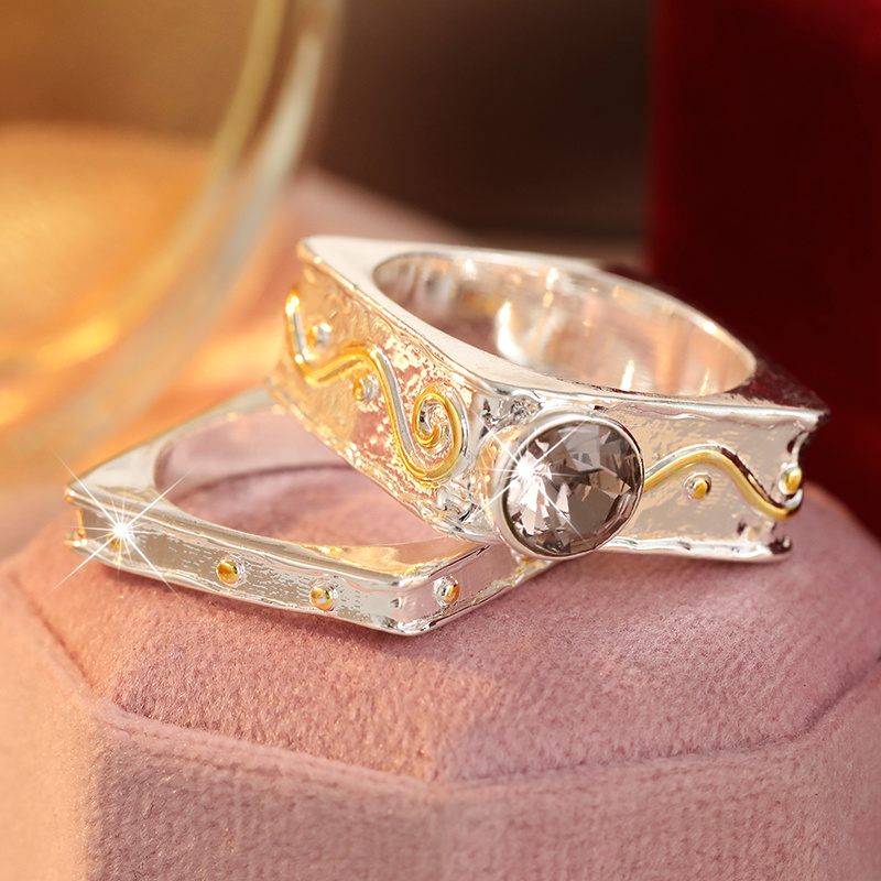 2pc Two-Tone Color Blocking Wide Ring Set for Women, Minimalist Style
